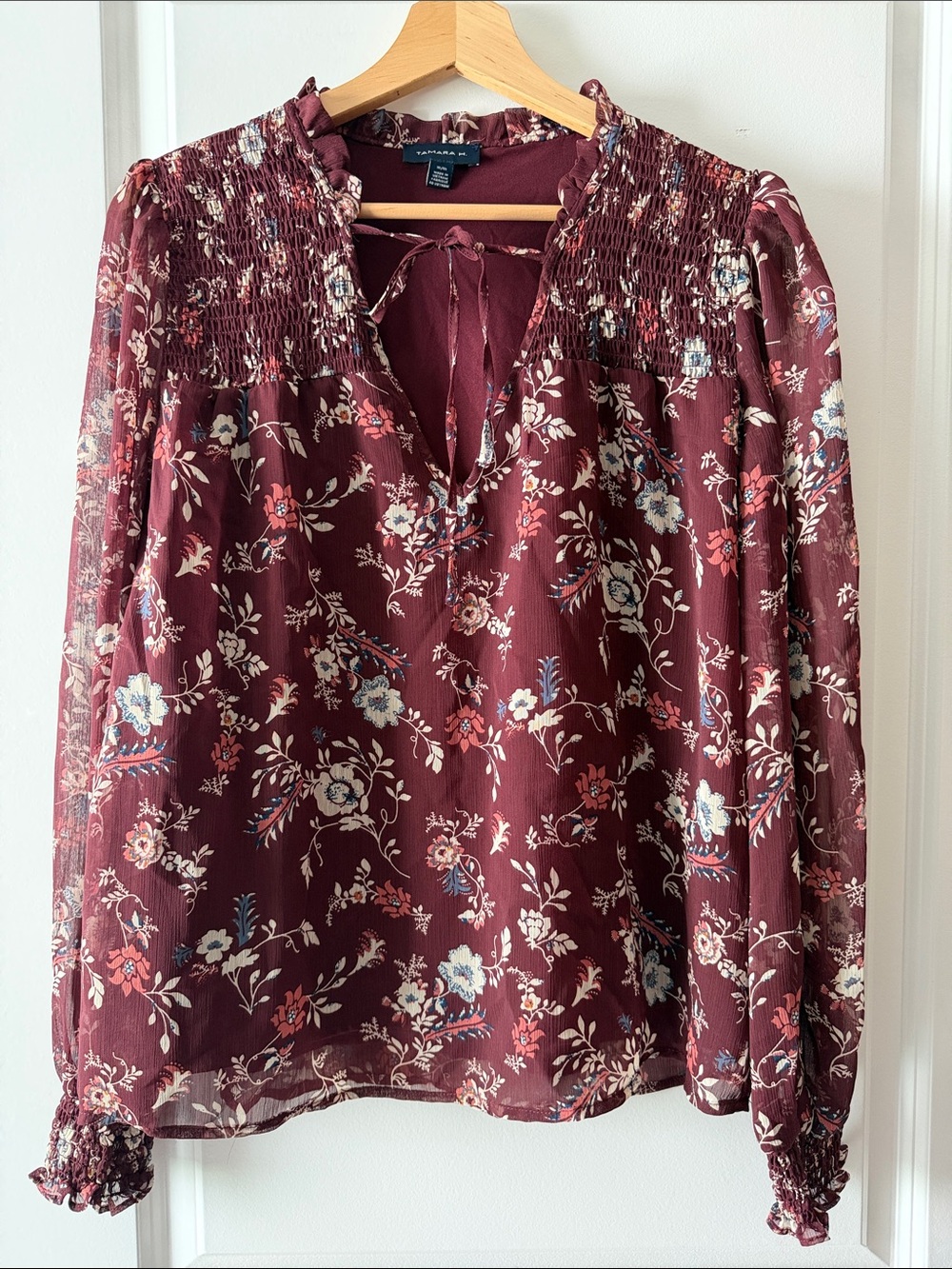 Floral Smocked Burgundy Tie-Neck Blouse